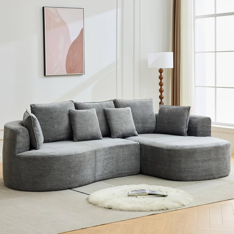 Light Grey Curved Sectional Chenille-Like, Organic Modern Seating