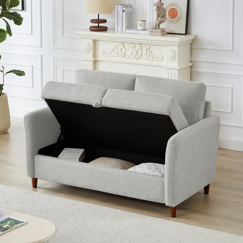 Light Grey Loveseat Underseat Storage Square Arms Block Feet