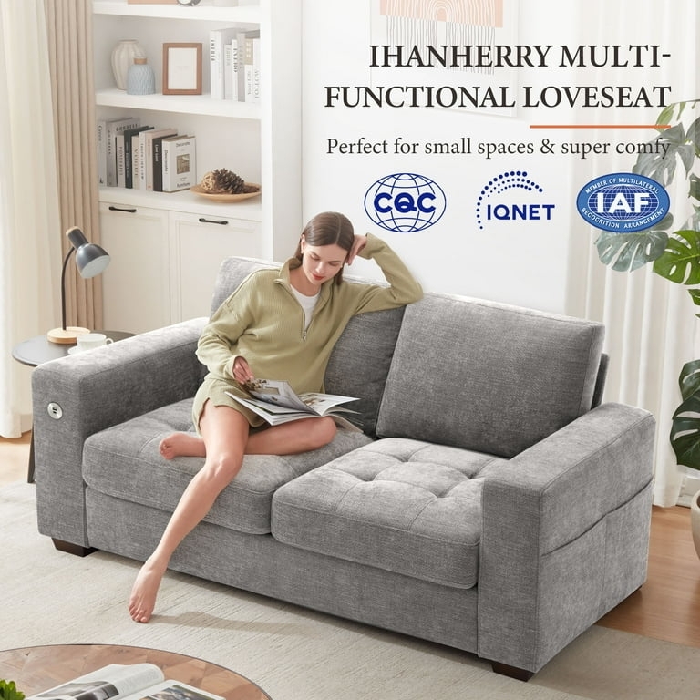Light Grey Loveseat with Charging Station and Tapered Wood Legs