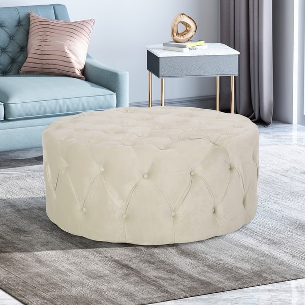 Light Grey Round Drum Ottoman, Button Tufted Top