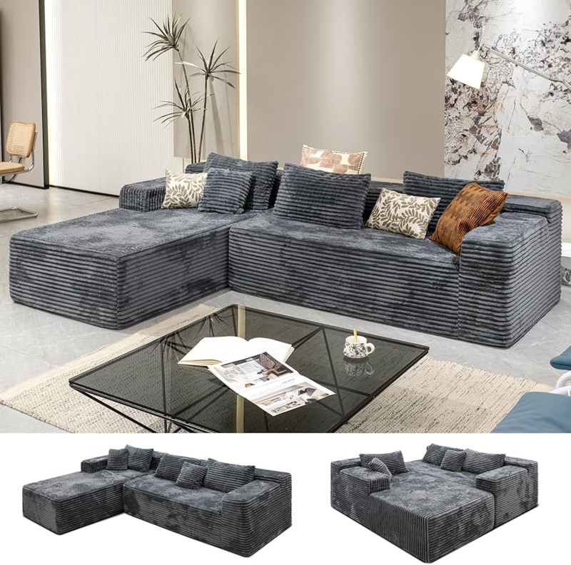 Light Grey Sectional Sofa, Ribbed Corduroy Fabric, Modular Blocks.
