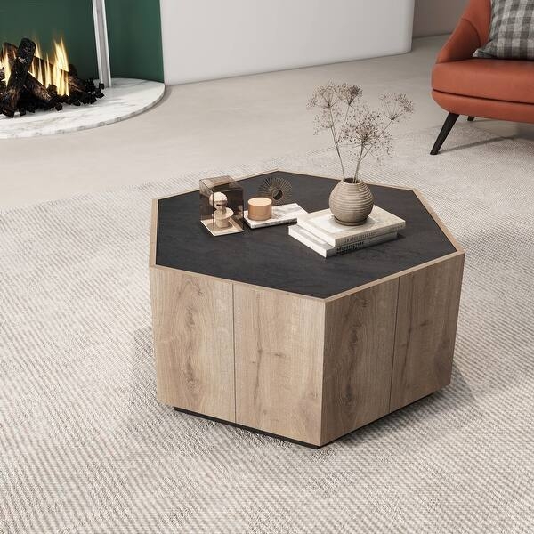 Light Oak Hexagonal Coffee Table with Storage Drawers and Gold Knobs