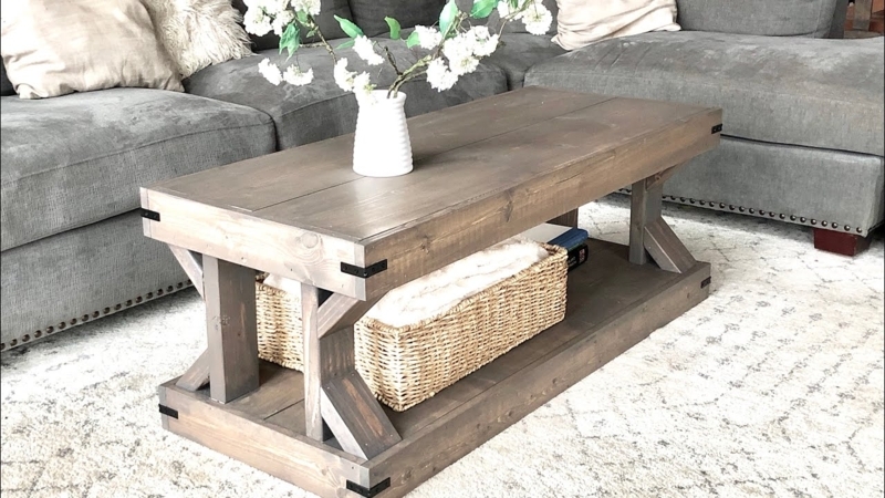 Light Wood Coffee Table Styling X-Brace Sides Open Shelf Rustic
