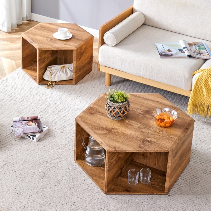 Light Wood Minimalist Hexagonal Nesting Coffee Tables, Tripod Base Set