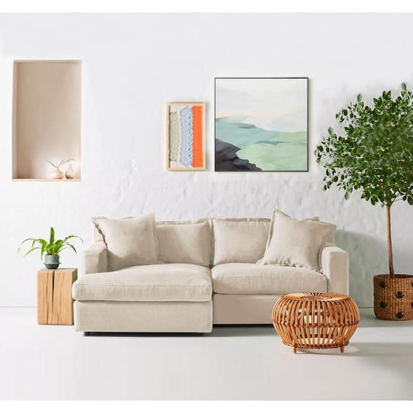 Linen-Like Sectional Beige Square Track Arms Tapered Wood Legs