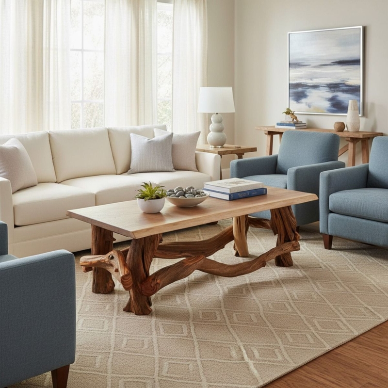 Live Edge Coffee Table with Twisted Branch Base, Rustic Organic Modern Style