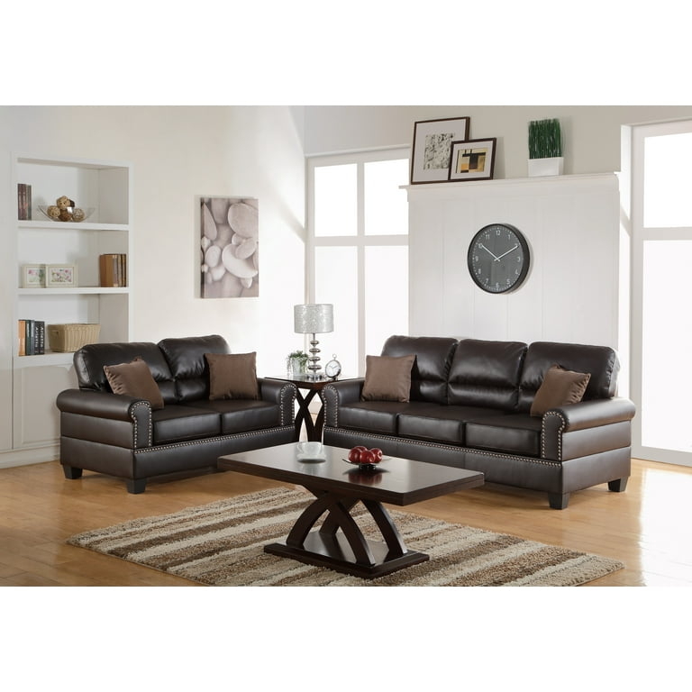 Living Room Group Espresso Faux Leather Silver Nailhead Rolled Arms