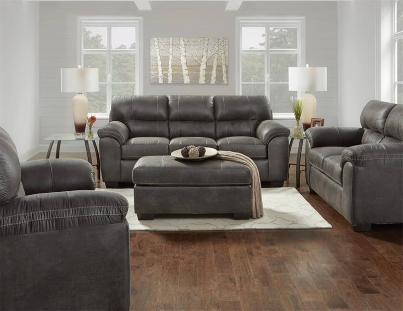 Living Room Set Ash Brown Leather Like Pillow Top Arms Block Legs Contemporary