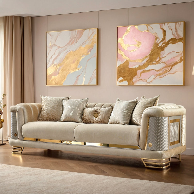 Living Room Set Beige Velvet Channel Tufted with Gold Bracket Legs