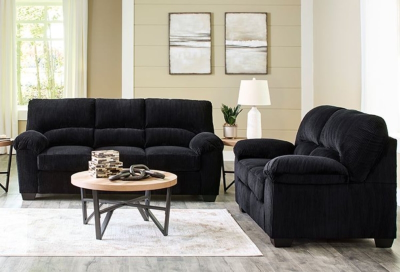 Living Room Set Biscuit Tufted Black Faux Leather Track Arms