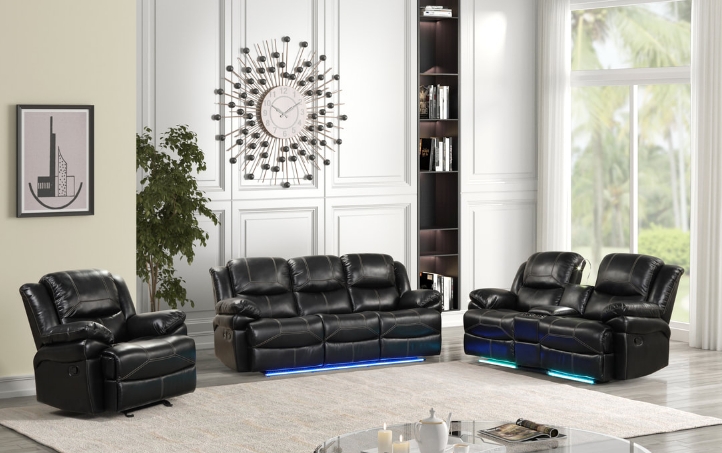 Living Room Set Black Blue LED Lighting Leather-Like Modern 3-Piece