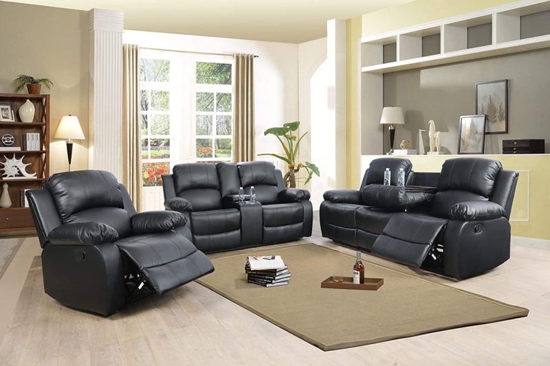 Living Room Set Black Leather-Like Split-Back Cushions Manual 3-Piece