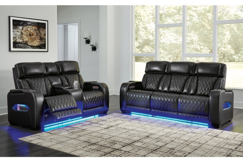 Living Room Set Black Power Reclining Contrast Stitching Console