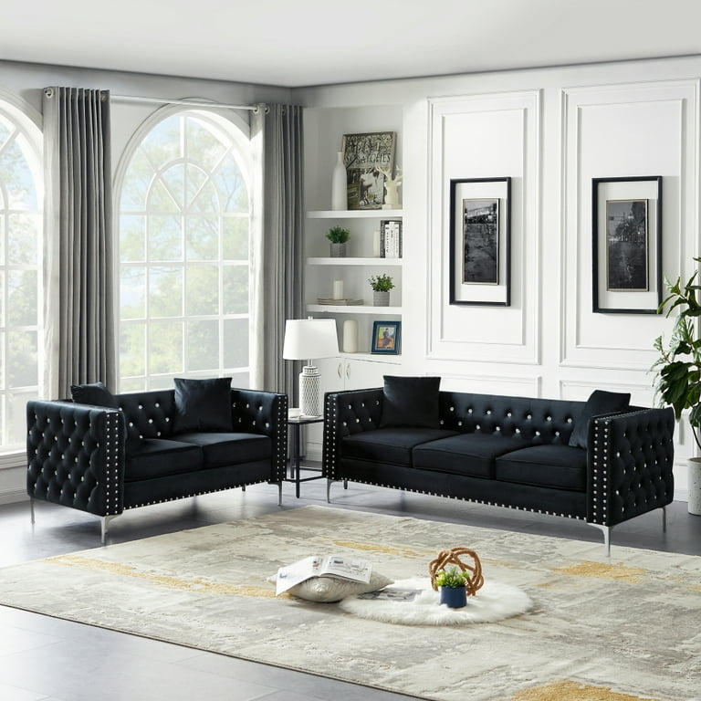 Living Room Set Black Velvet Button Tufted Nailhead Accents Glam