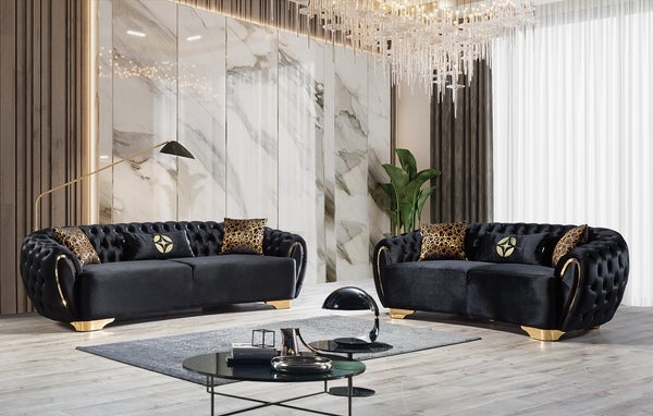 Living Room Set Black Velvet Channel Tufting Gold Tapered Legs