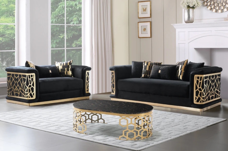 Living Room Set Black Velvet Tuxedo Style Gold Metal Plinth Base