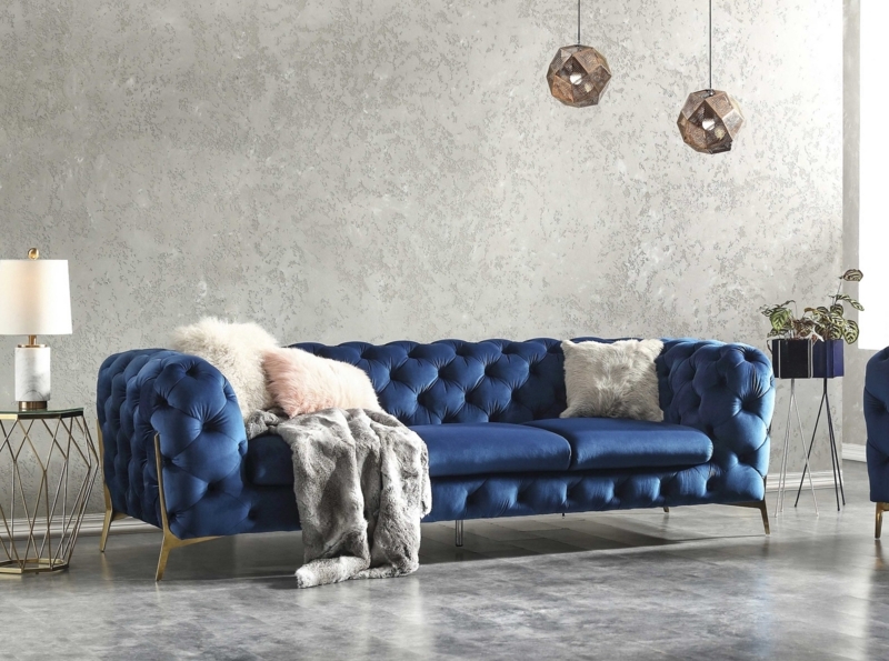 Living Room Set Blue Velvet Channel Tufted 3-Piece Gold Legs Glam