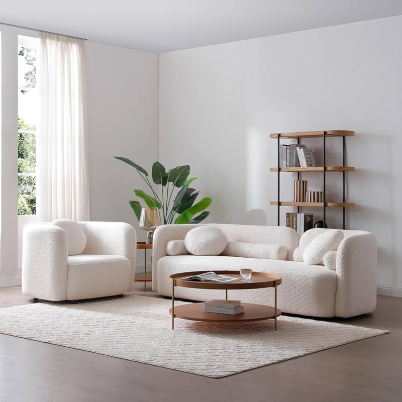Living Room Set Boucle Texture Curved Silhouette White