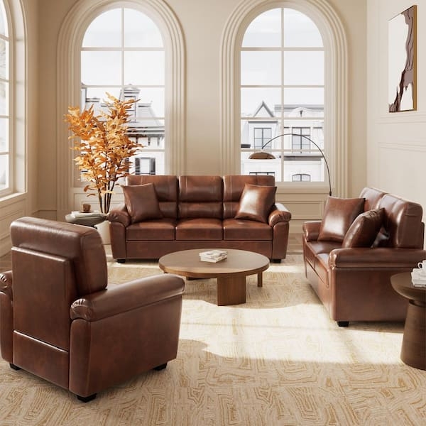 Living Room Set Brown Faux Leather Channel Tufted Gold Legs Mid-Century