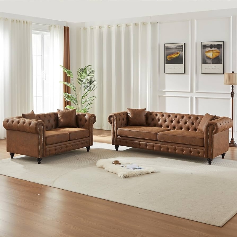 Living Room Set Brown Tech Fabric Copper Nailhead Trim Tufted Seats