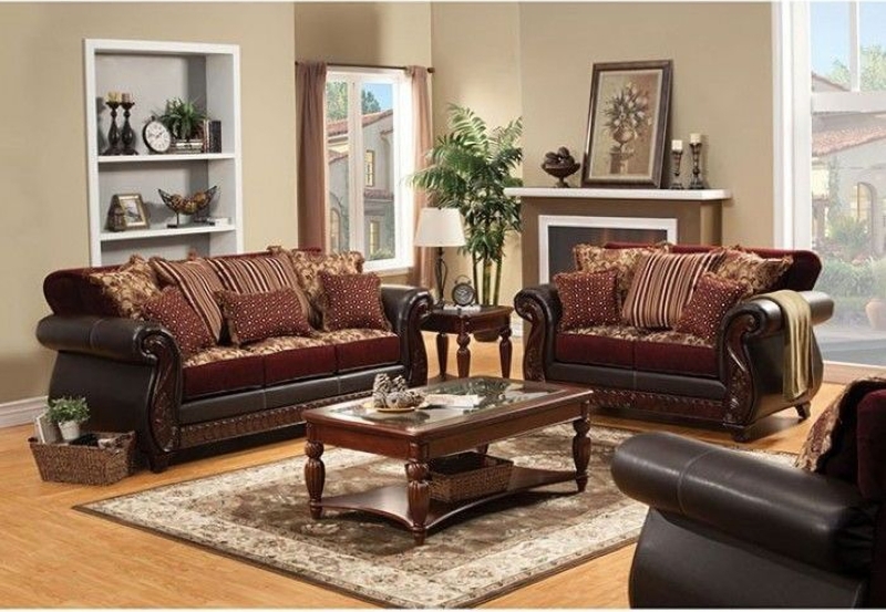 Living Room Set Burgundy Tufted Leather-Like Ornate Wood Trim