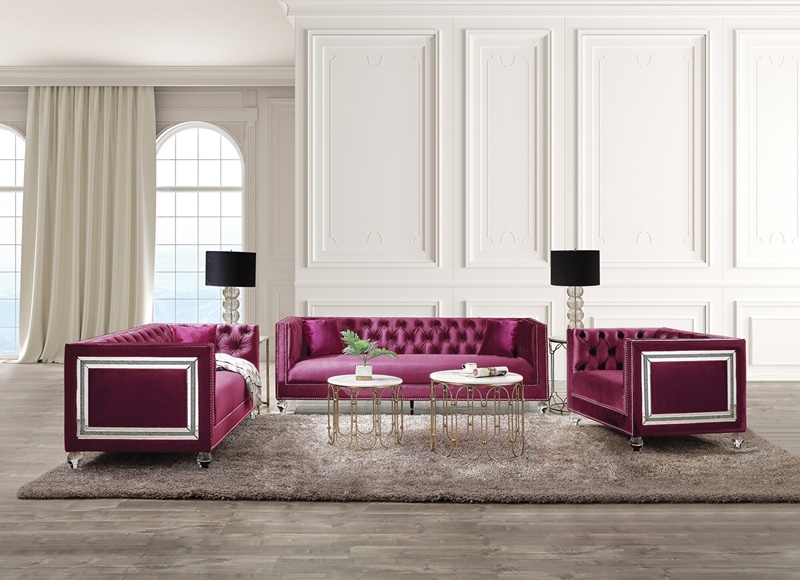 Living Room Set Burgundy Velvet Chesterfield Chunky Nailhead Trim