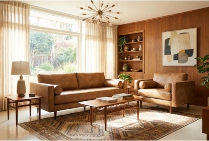 Living Room Set Caramel Faux Leather MCM Tapered Legs Mid Century