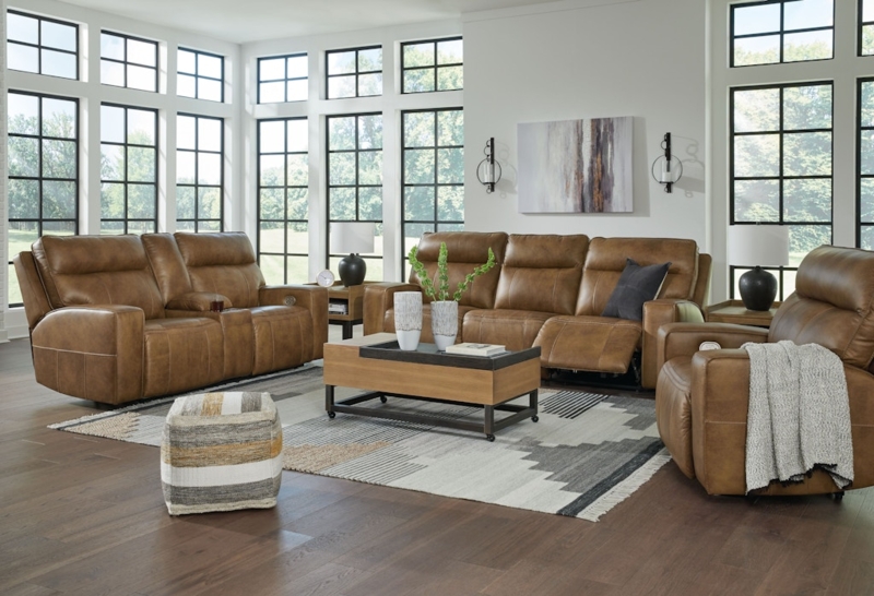 Living Room Set Caramel Power Reclining Console Tufted Back