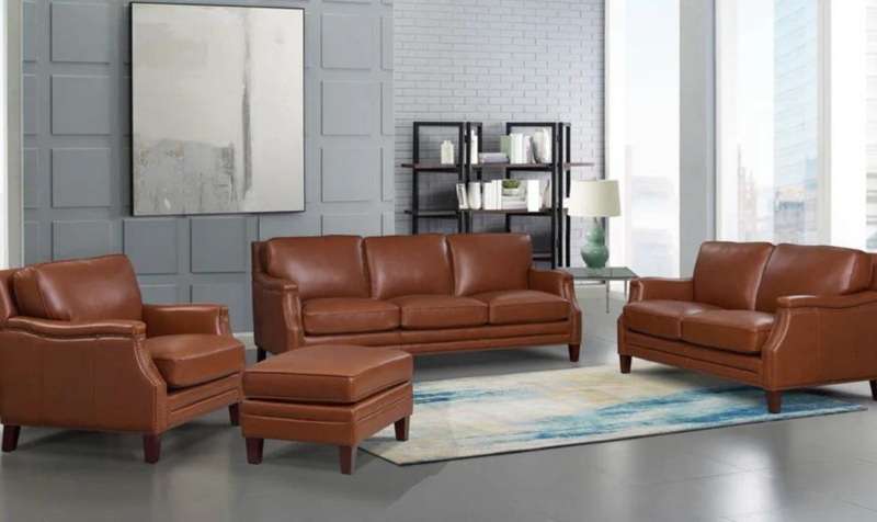 Living Room Set Caramel Upholstery Nailhead Trim Classic Leather Sofa