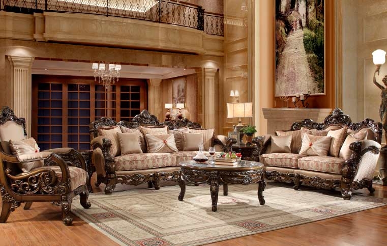 Living Room Set Champagne Fabric Carved Furniture Set Polished Gold