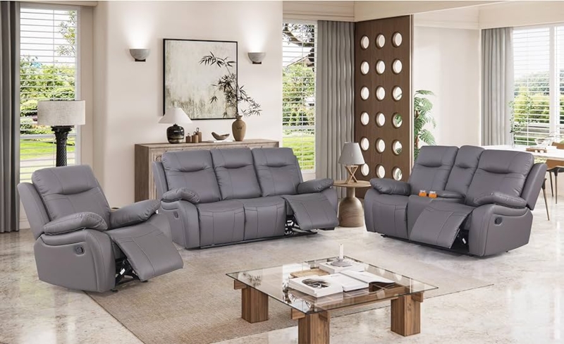 Living Room Set Charcoal Gray 3-Piece Tiered Back Manual Recline
