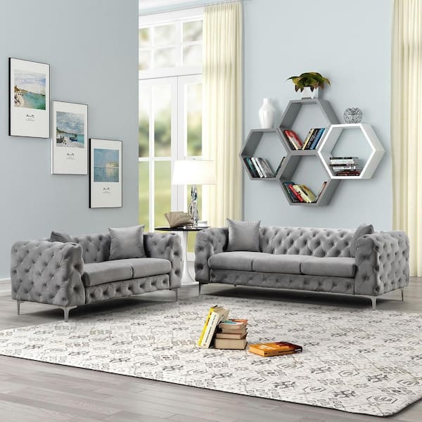 Living Room Set Charcoal Gray Velvet Tuxedo Arms Chrome Legs