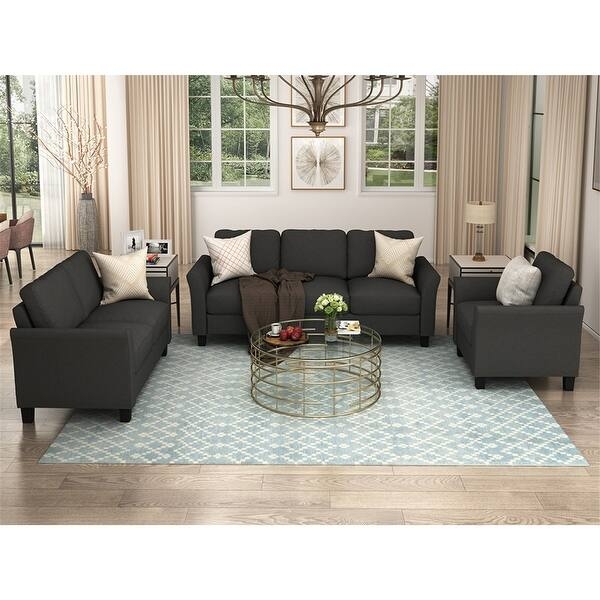 Living Room Set, Charcoal Gray with Tapered Wood Legs, Mid-Century