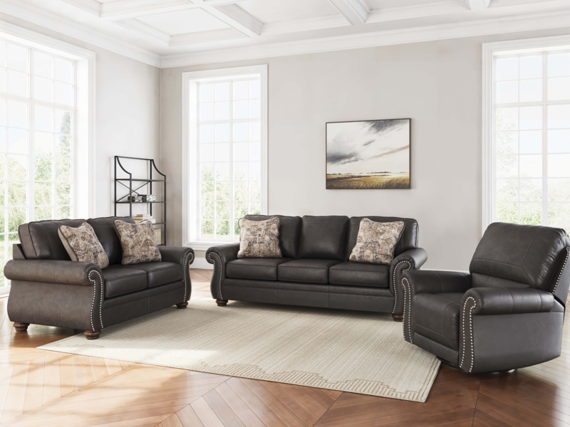 Living Room Set Charcoal Grid Tufting Faux Leather Sofa Set