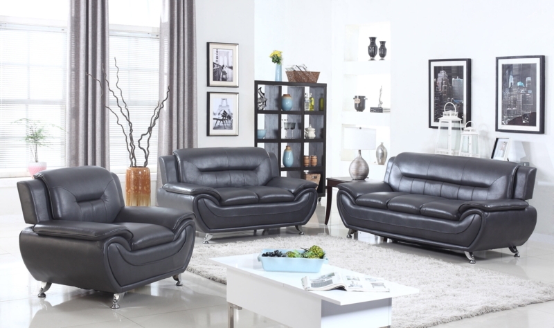 Living Room Set Chrome Base Black Faux Leather Minimalist Set
