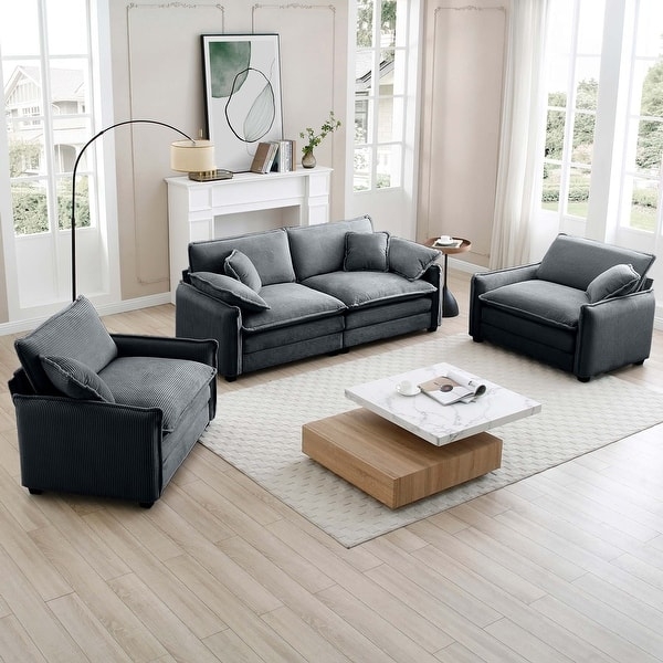 Living Room Set Chunky Rounded Design Forest Green Corduroy Retro