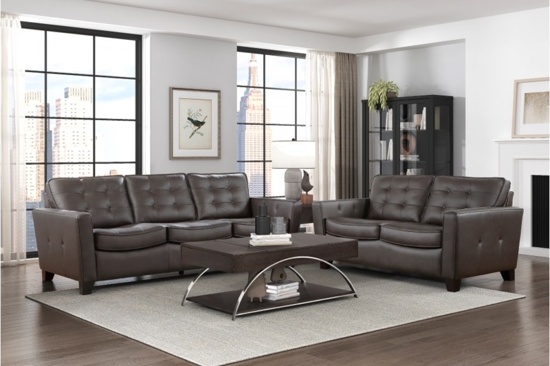 Living Room Set Cocoa Brown Leather Rolled Arms Traditional Sofa Set