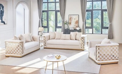 Living Room Set Cream Velvet Wraparound Gold Metal Frames