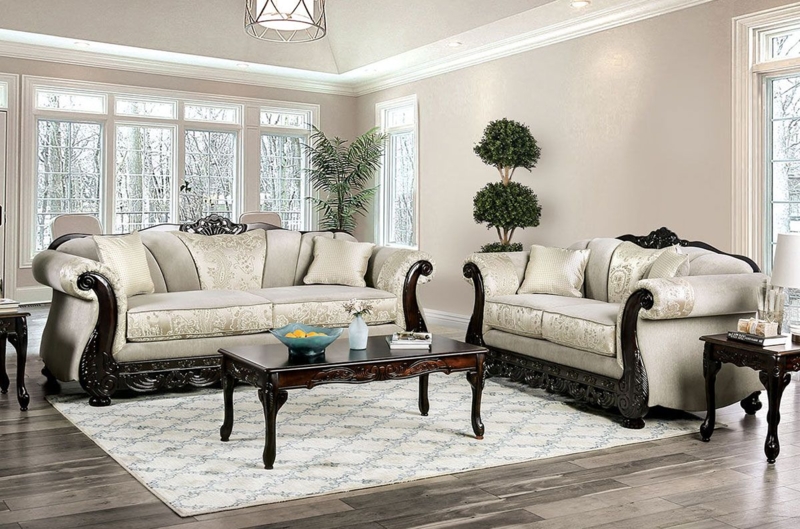 Living Room Set Damask Sofa Tassel Fringe Dark Cherry Wood