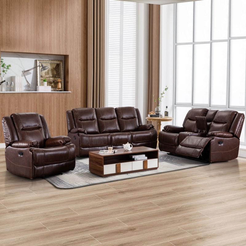 Living Room Set Dark Brown Leather Like Manual Reclining Padded Arms
