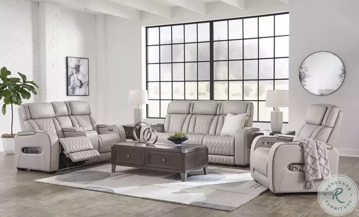 Living Room Set Dark Gray Power Reclining Console Leather-Look