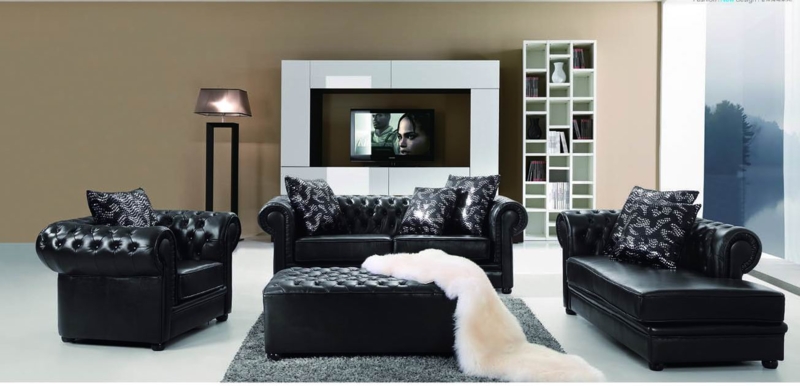 Living Room Set Deep Button Tufted Leather-like Tapered Wooden Legs