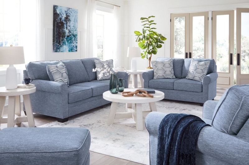 Living Room Set Denim Blue Rolled Arms Espresso Wood Tables