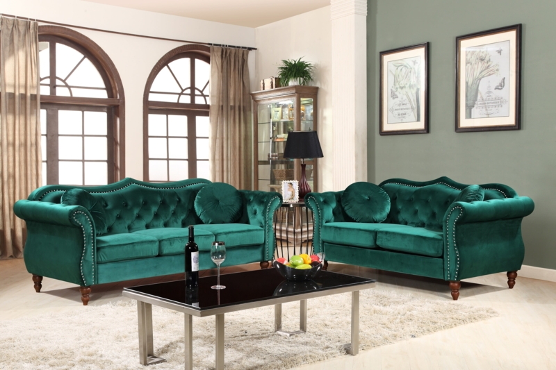 Living Room Set Emerald Green Velvet Channel Tufted Mid-Century Style