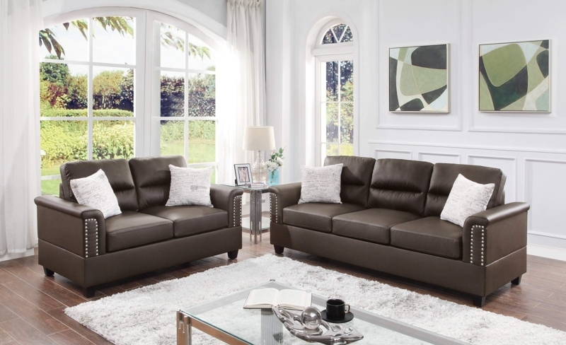 Living Room Set Espresso Faux Leather Nailhead Trim Rolled Arms