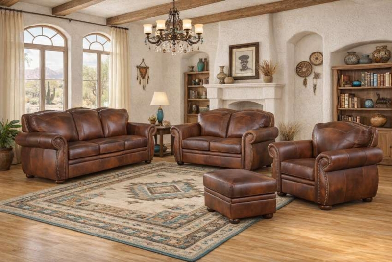 Living Room Set Espresso Leather Nailhead Trim Rustic Lounge Seating