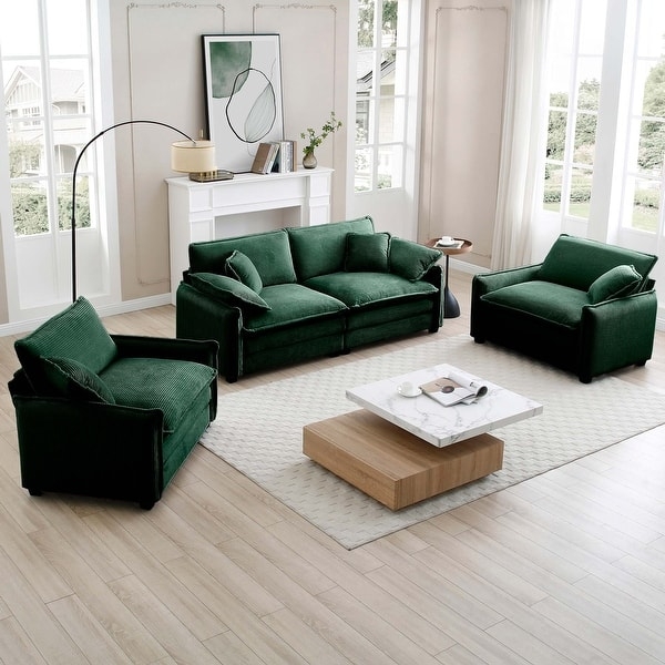 Living Room Set Forest Green Corduroy Low Profile Blocky Silhouette