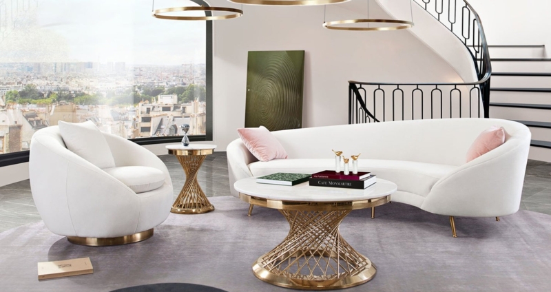 Living Room Set Gold Plinth Base Curved Silhouette Modern Glam Set