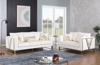 Living Room Set Gold Sled Base Cream Velvet Glam Living Room Set