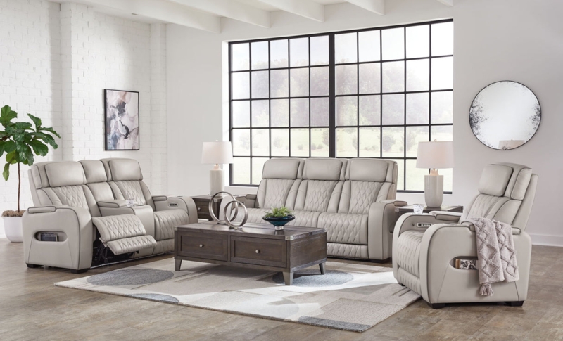 Living Room Set Gray Leather-Like Power Reclining Console Pillow Arms